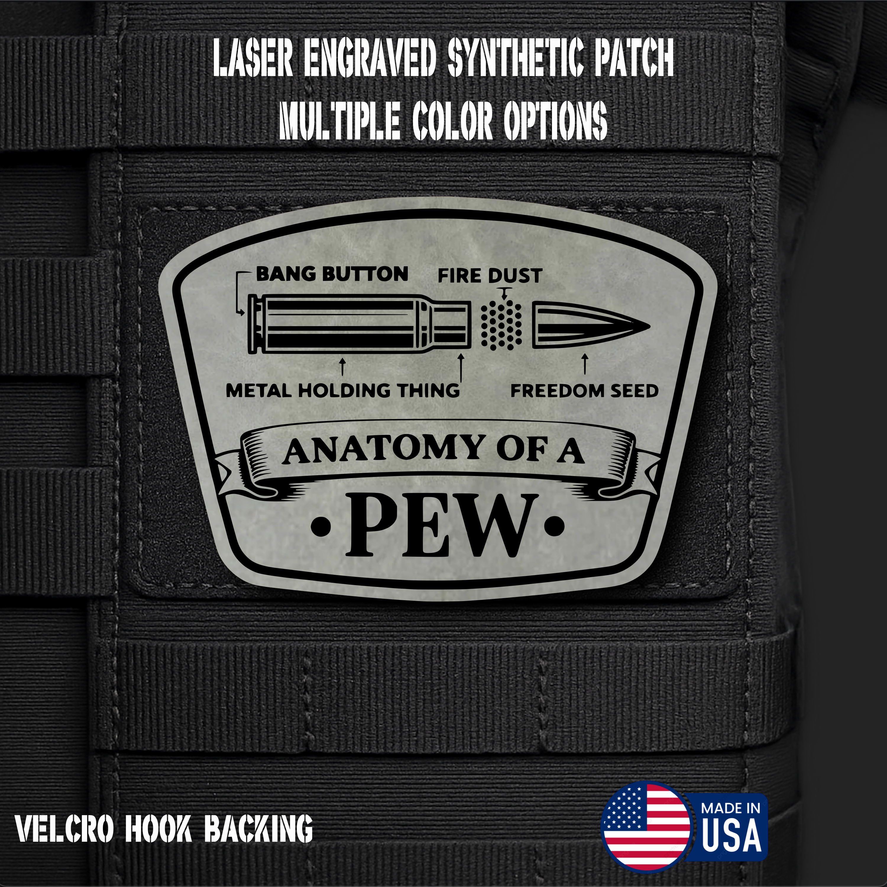 Anatomy of a Pew Funny Morale Patch | Made in USA | VELCRO® Brand Hook Backing