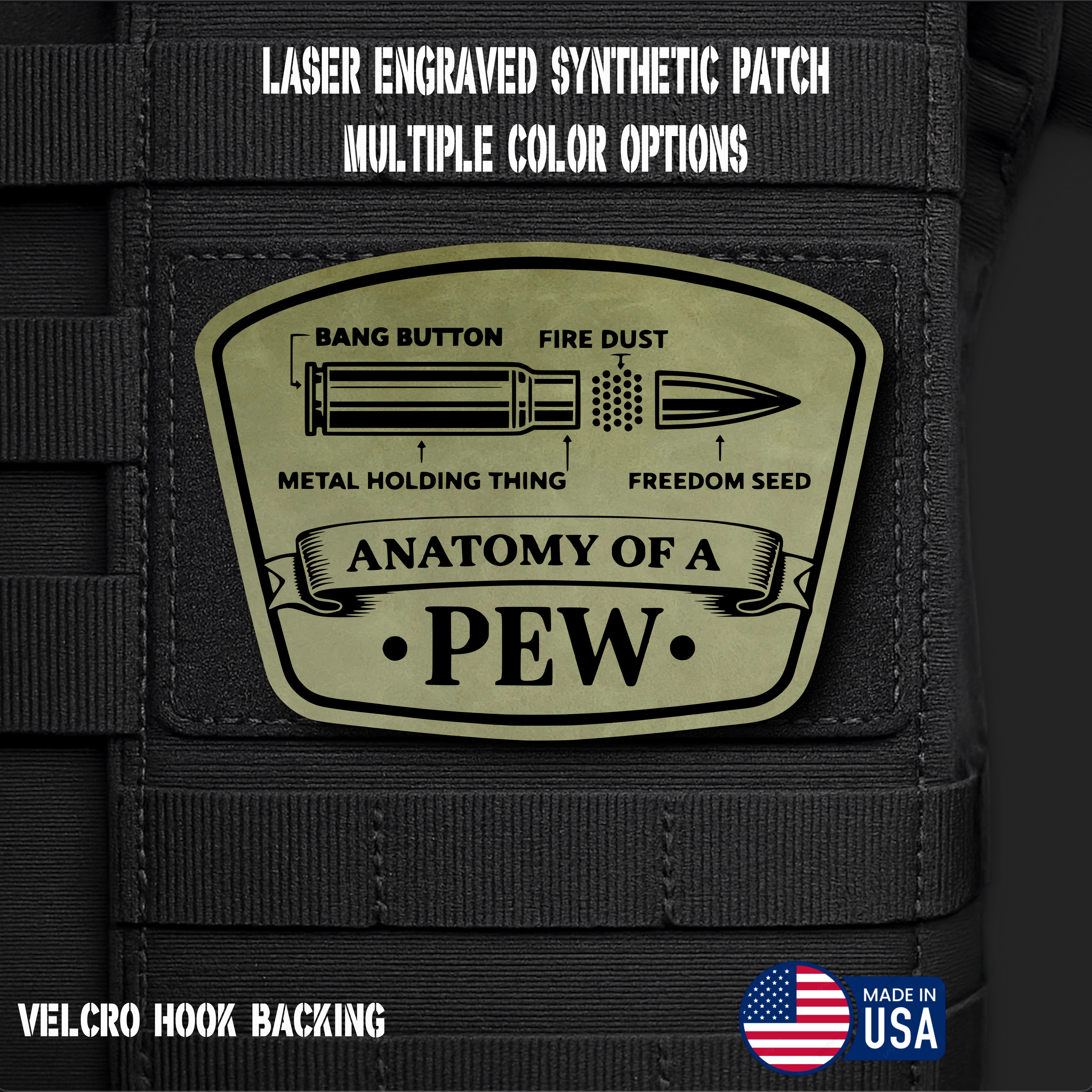 Anatomy of a Pew Funny Morale Patch | Made in USA | VELCRO® Brand Hook Backing
