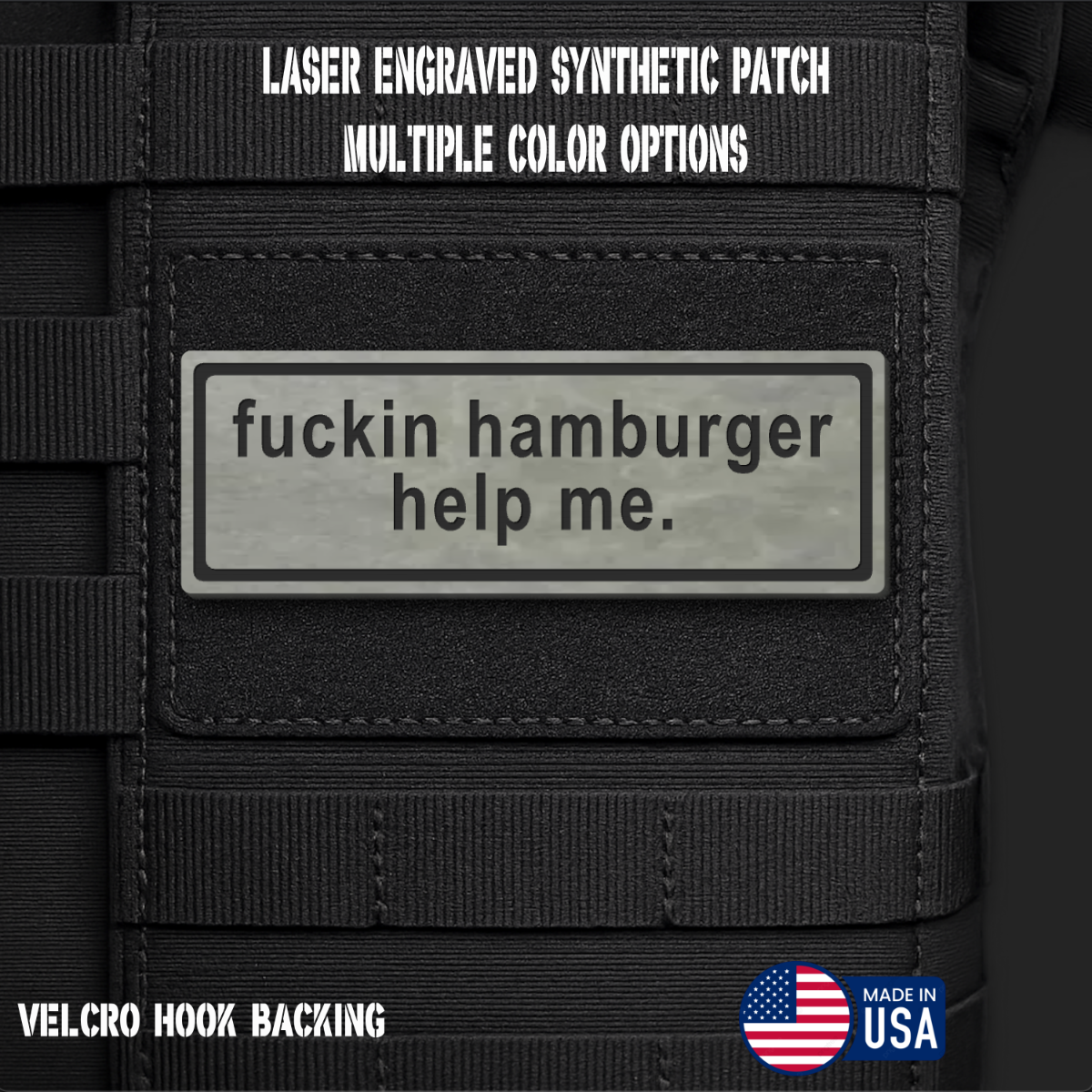 Hamburger Help Me Funny Morale Patch | Made in USA | VELCRO® Brand Hook Backing