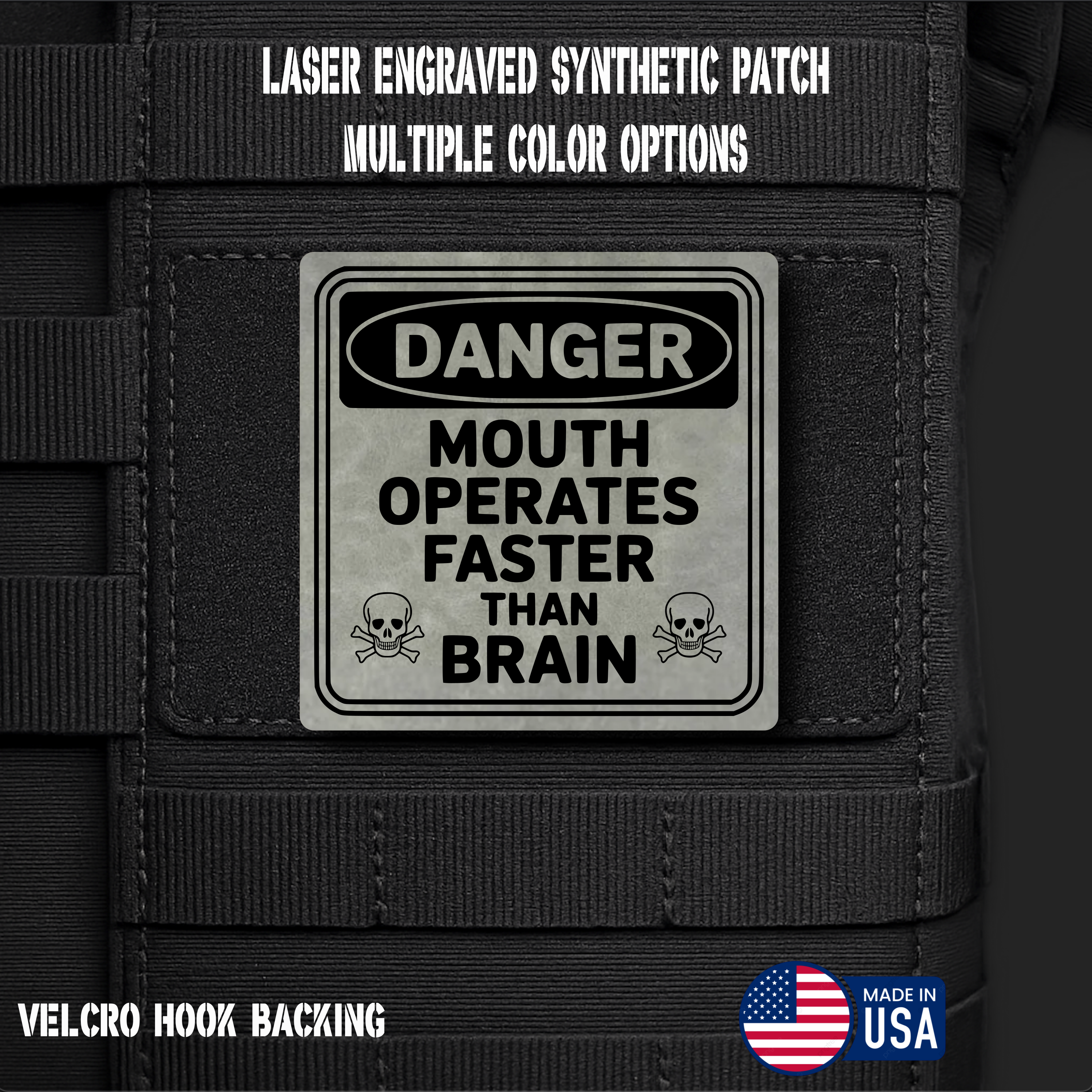 Danger Mouth Operates Faster than Brain Funny Morale Patch | Made in USA | VELCRO® Brand Hook Backing
