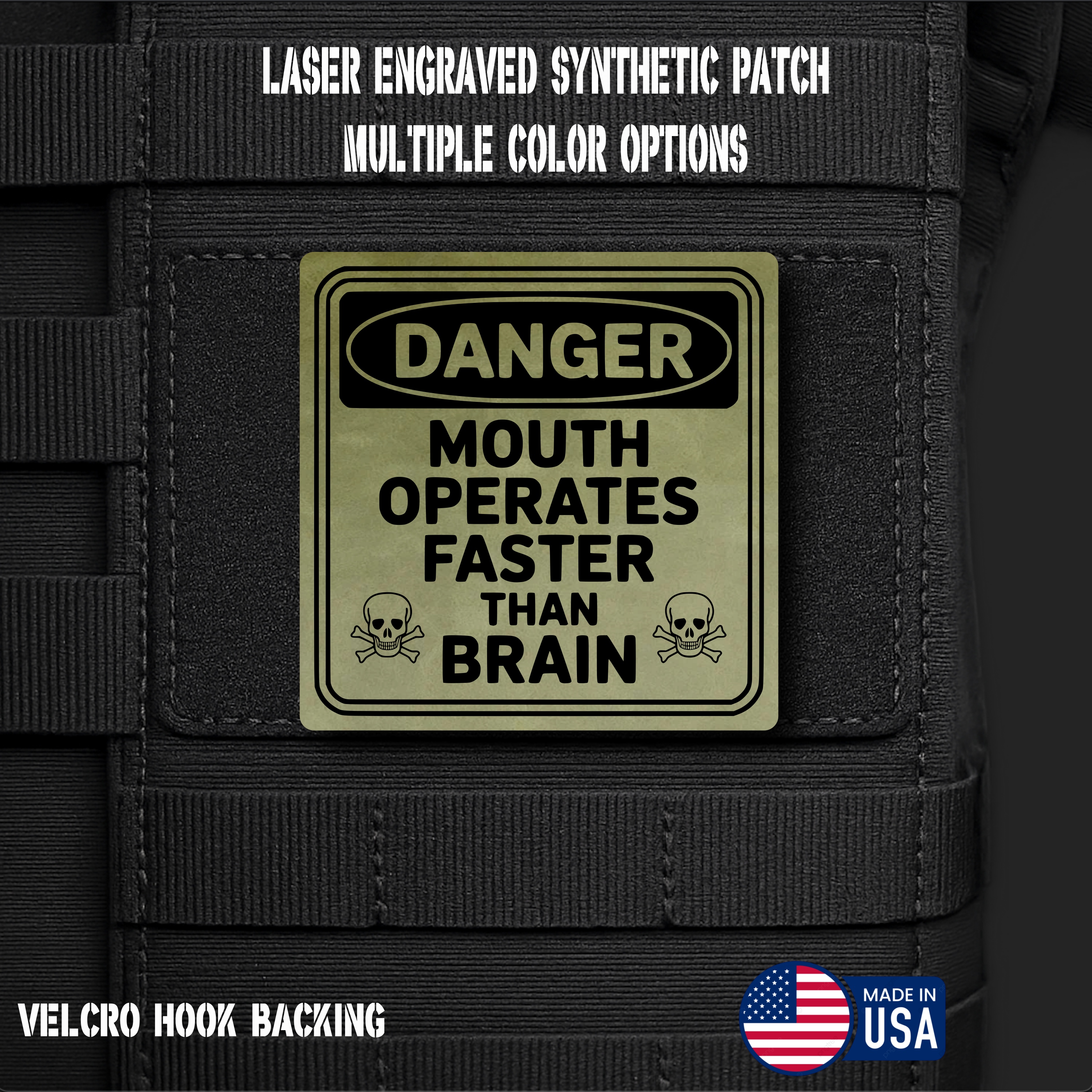 Danger Mouth Operates Faster than Brain Funny Morale Patch | Made in USA | VELCRO® Brand Hook Backing