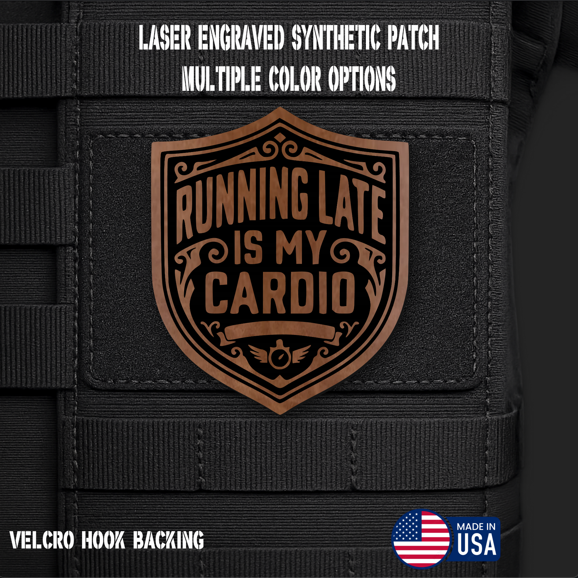 Running Late is My Cardio Funny Morale Patch | Made in USA | VELCRO® Brand Hook Backing