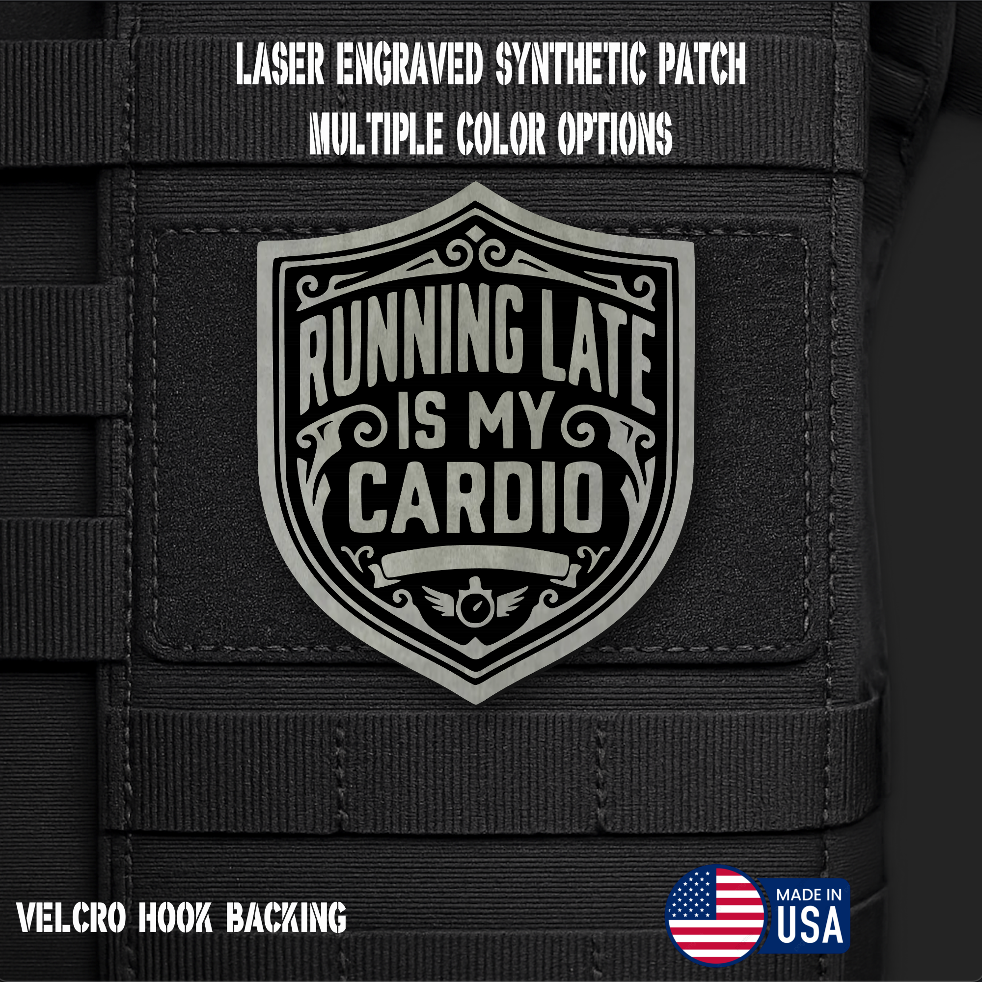 Running Late is My Cardio Funny Morale Patch | Made in USA | VELCRO® Brand Hook Backing
