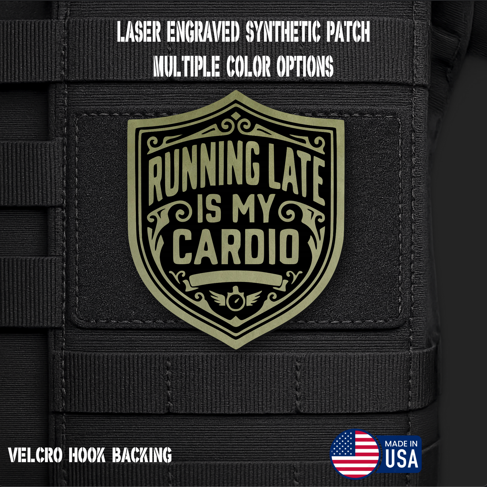Running Late is My Cardio Funny Morale Patch | Made in USA | VELCRO® Brand Hook Backing