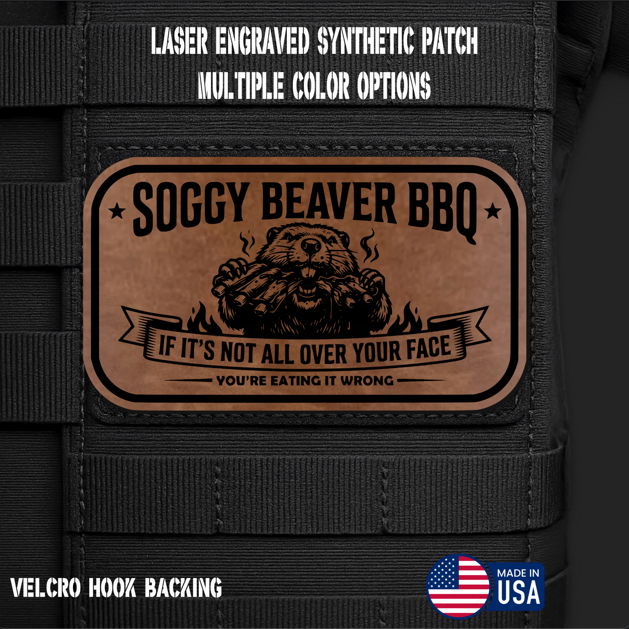 Soggy Beaver BBQ (Option 2) Funny Morale Patch | Made in USA | VELCRO® Brand Hook Backing