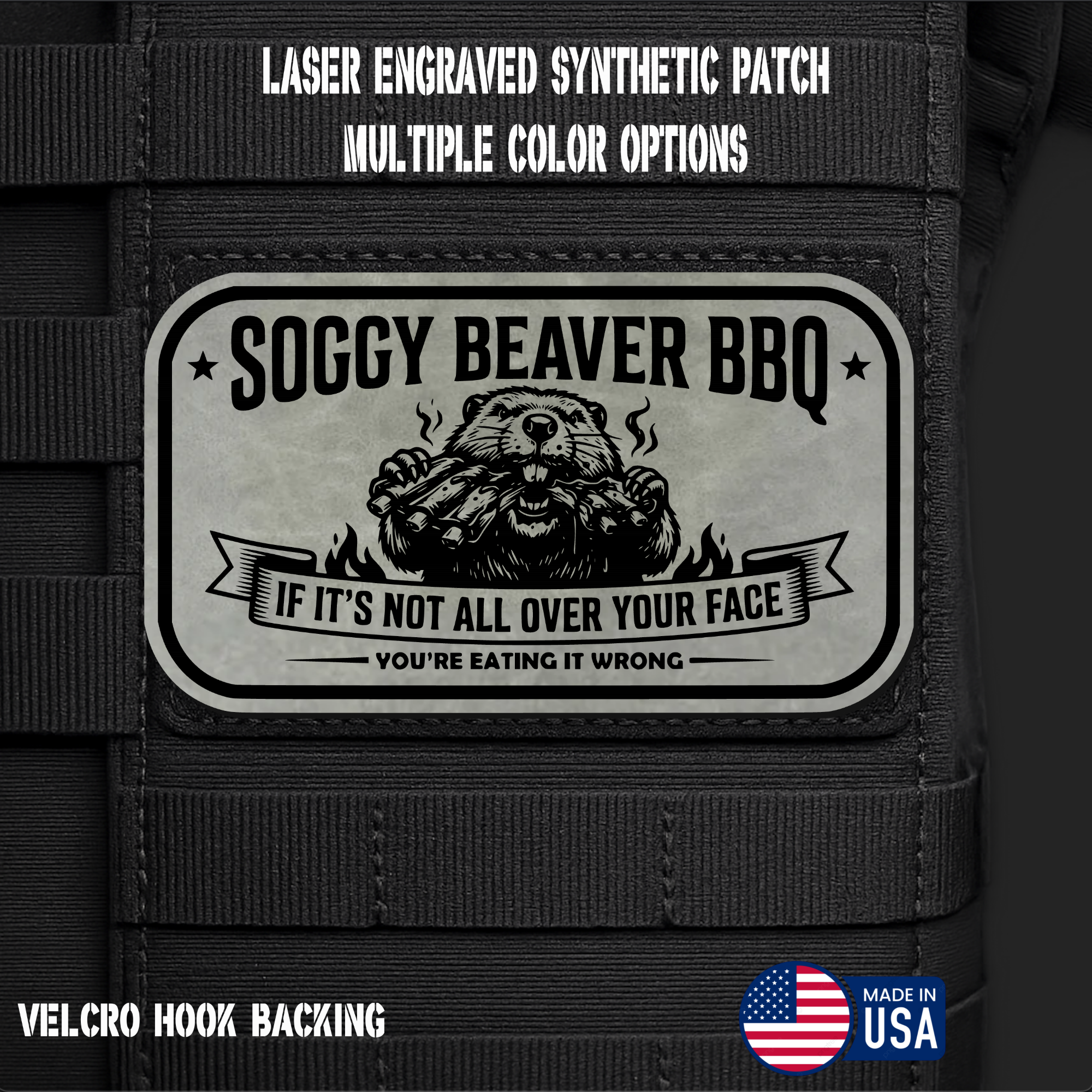 Soggy Beaver BBQ (Option 2) Funny Morale Patch | Made in USA | VELCRO® Brand Hook Backing
