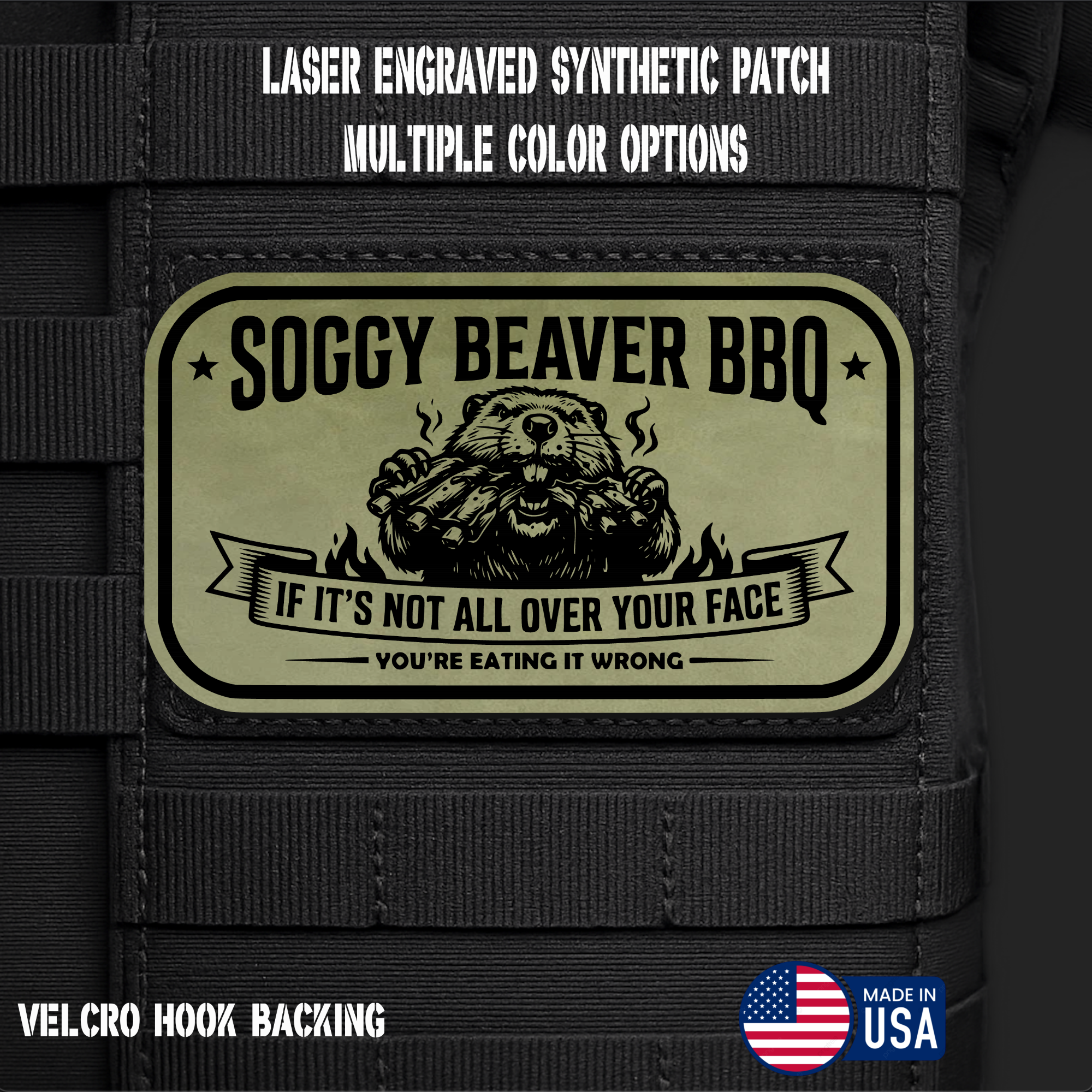 Soggy Beaver BBQ (Option 2) Funny Morale Patch | Made in USA | VELCRO® Brand Hook Backing