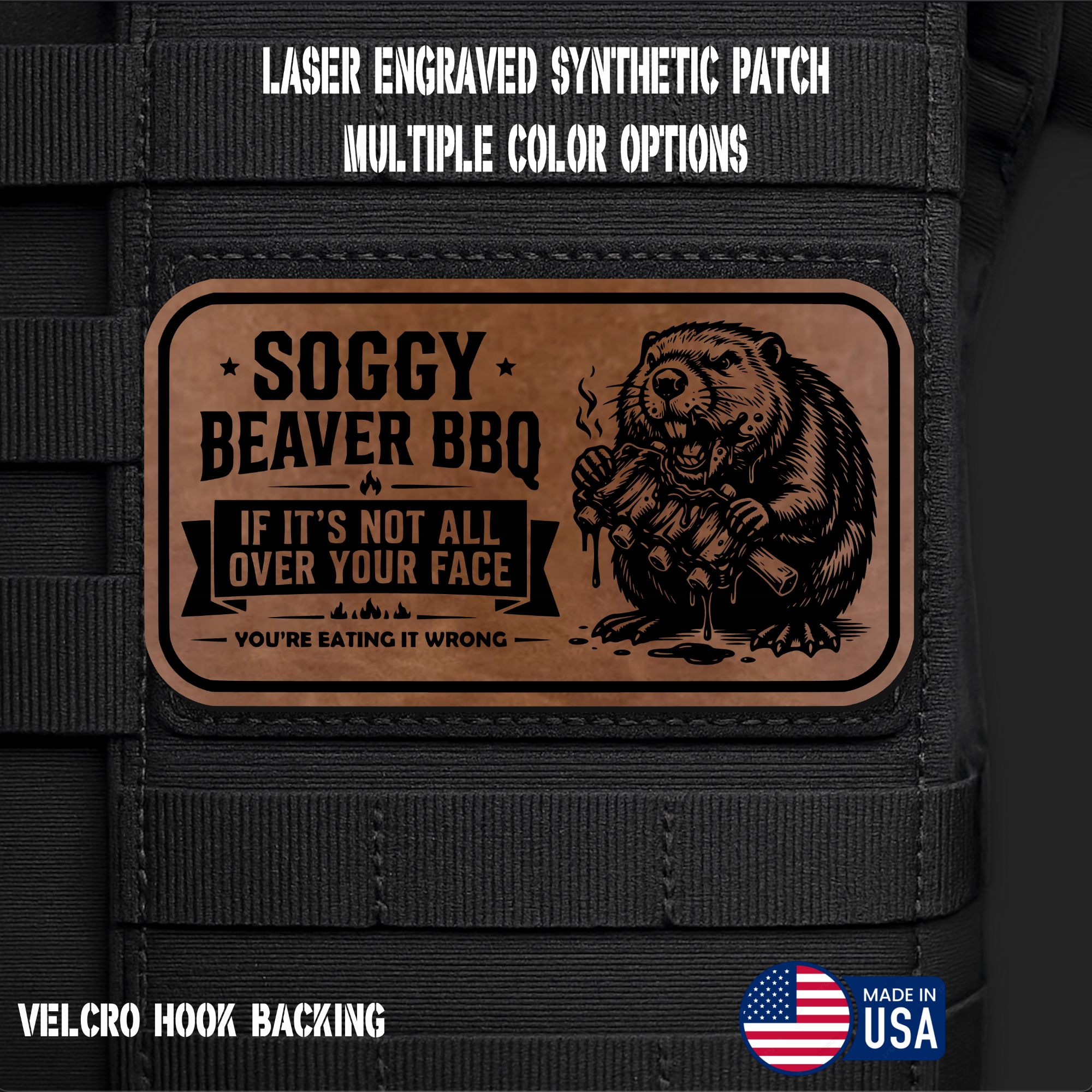 Soggy Beaver BBQ (Option 1) Funny Morale Patch | Made in USA | VELCRO® Brand Hook Backing