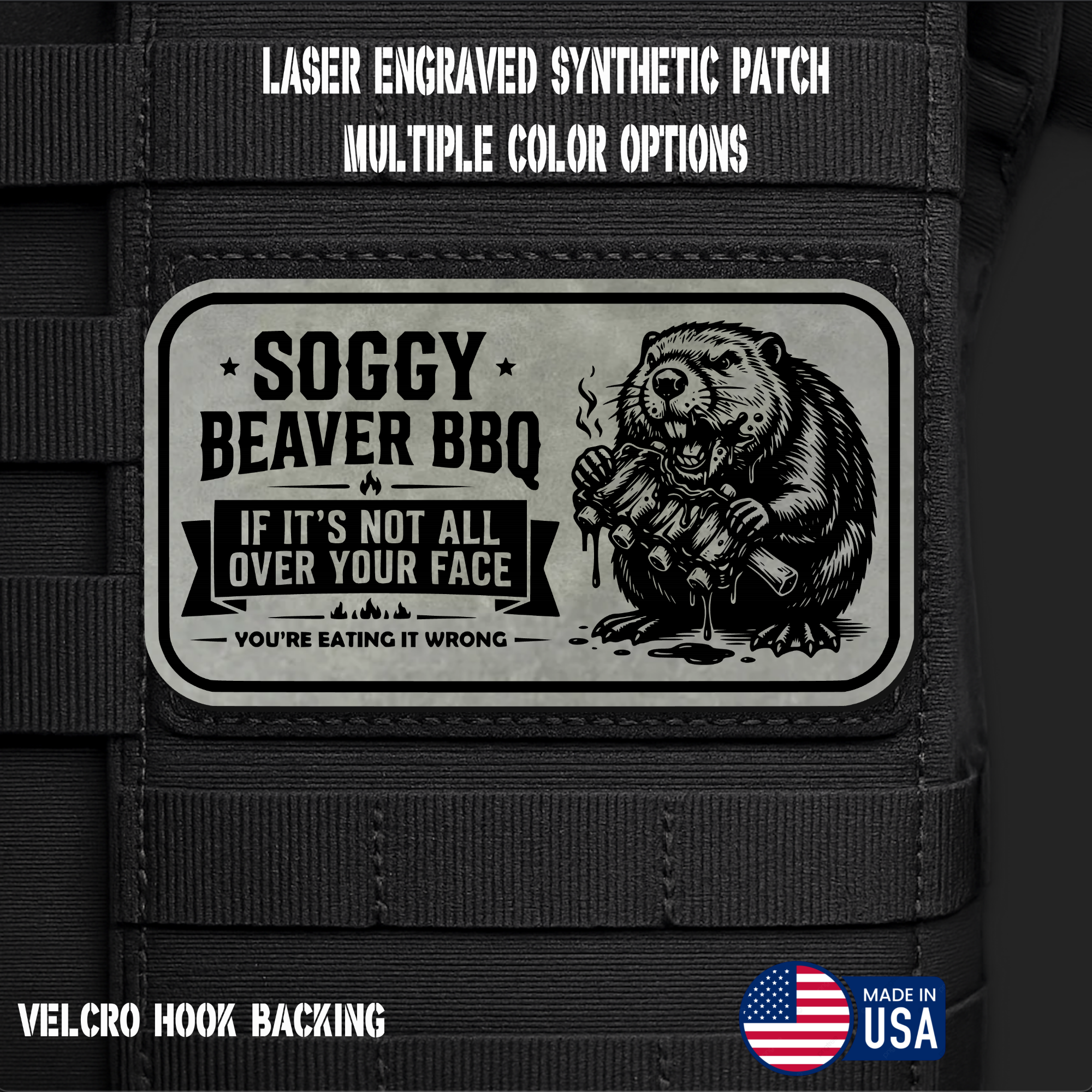 Soggy Beaver BBQ (Option 1) Funny Morale Patch | Made in USA | VELCRO® Brand Hook Backing