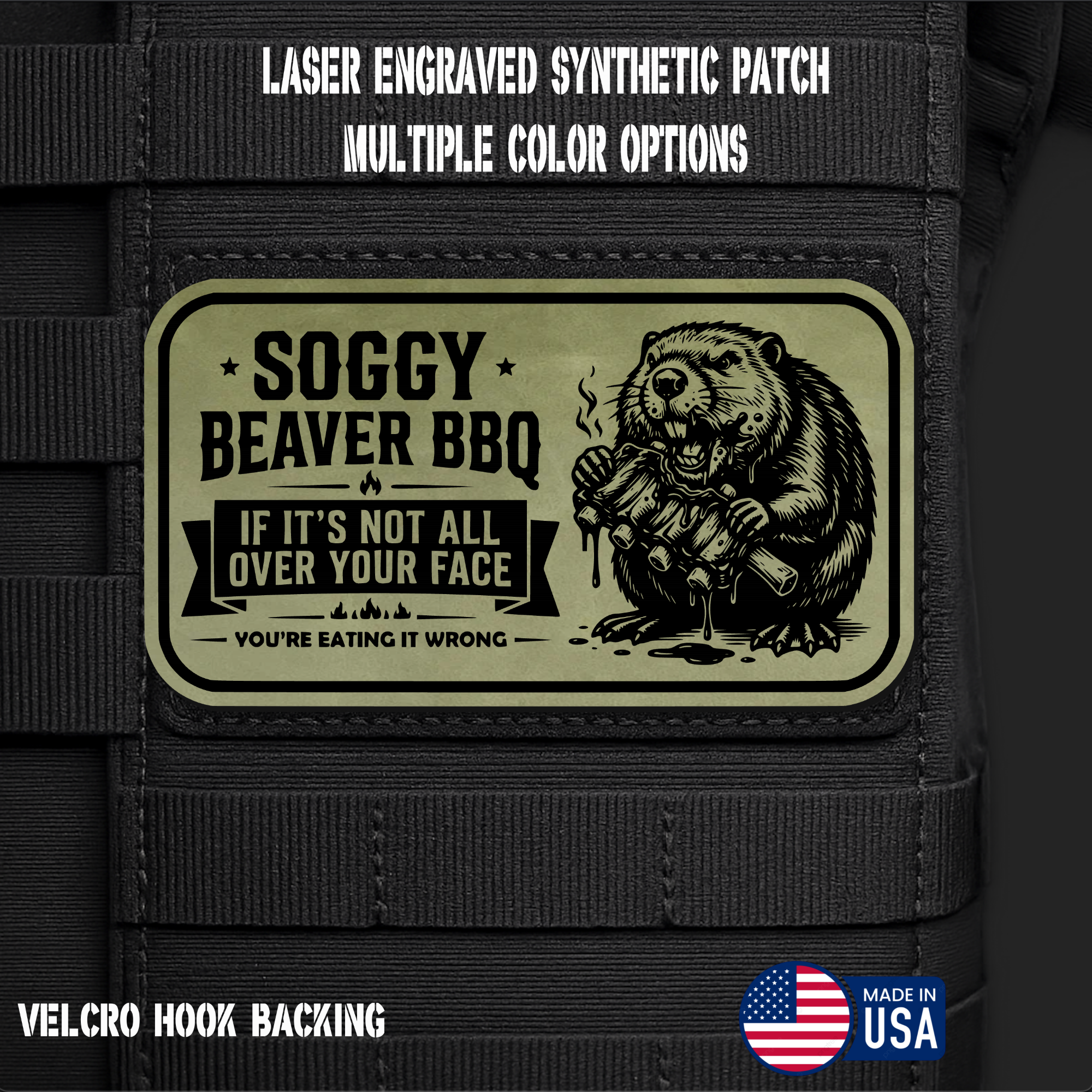 Soggy Beaver BBQ (Option 1) Funny Morale Patch | Made in USA | VELCRO® Brand Hook Backing